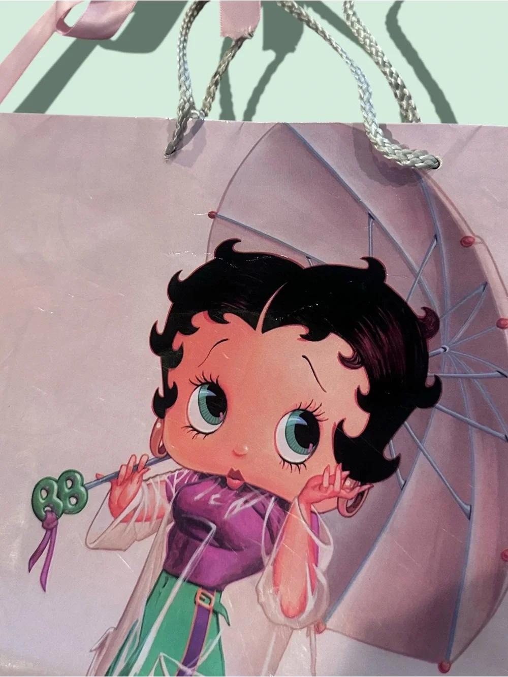Vintage 2004 Pink Betty Boop Rain Go Away Graphic Gift Bag with Ribbon Handles